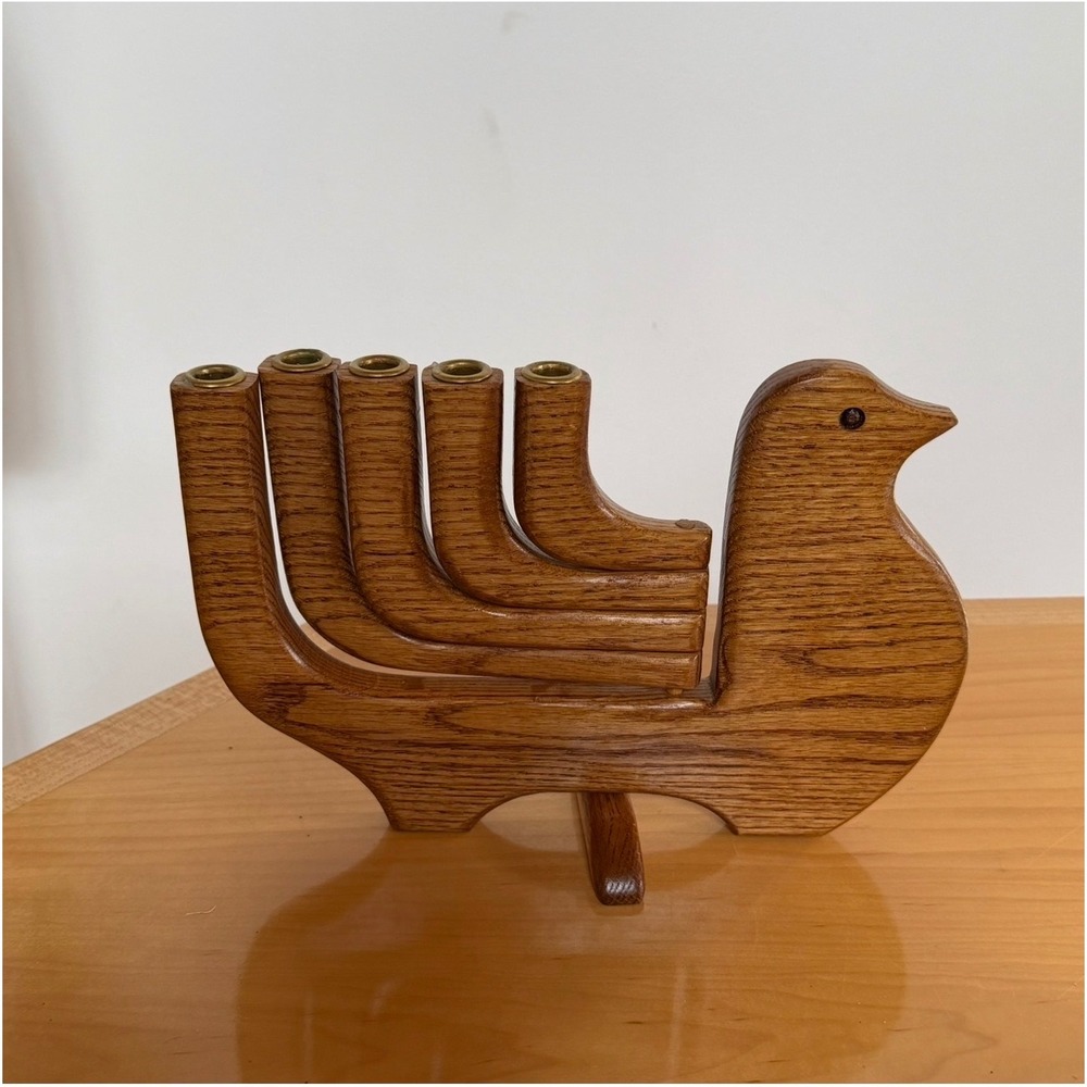 Vintage MCM Wooden Bird Candelabra 5-Light Taper Candle Holder Oak Finish Bird
